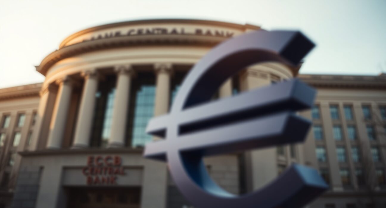 Euro symbol in motion with ECB headquarters in background