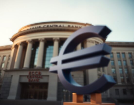 Euro symbol in motion with ECB headquarters in background