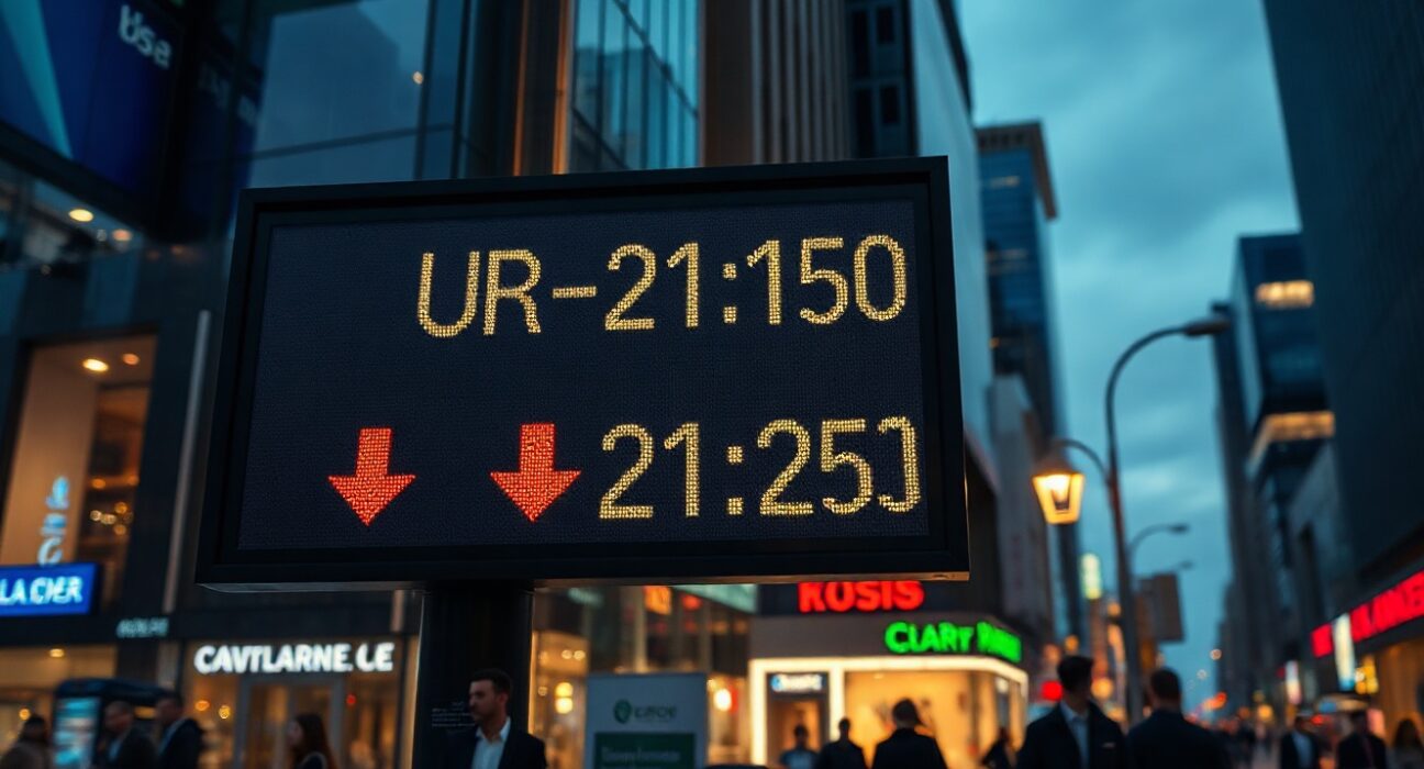 Digital currency exchange board showing EUR/USD rate with downward trend in a financial district at dusk