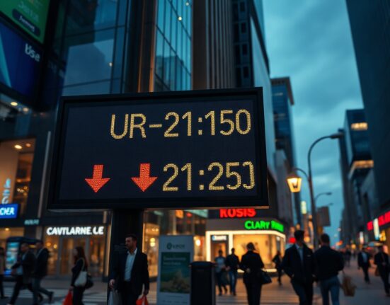 Digital currency exchange board showing EUR/USD rate with downward trend in a financial district at dusk