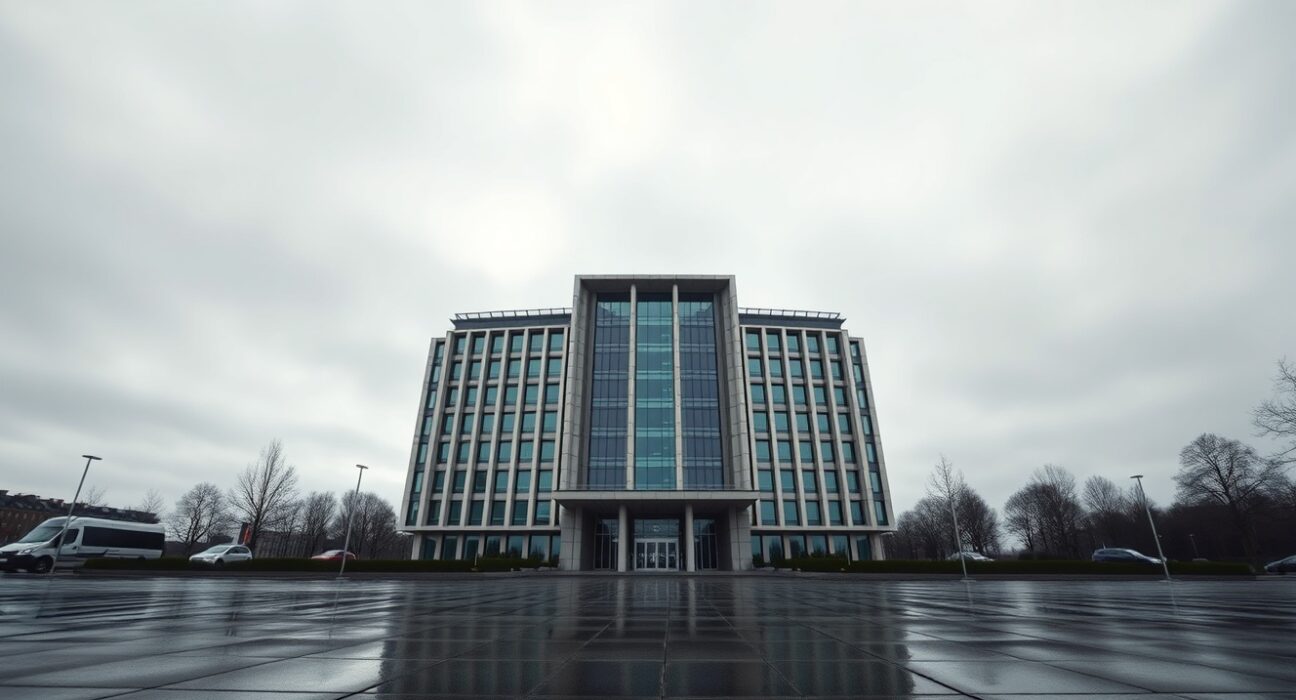 European Central Bank headquarters in Frankfurt under overcast sky, representing cautious monetary policy