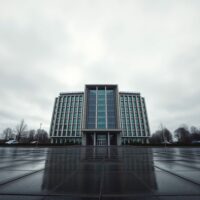 European Central Bank headquarters in Frankfurt under overcast sky, representing cautious monetary policy
