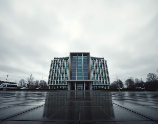 European Central Bank headquarters in Frankfurt under overcast sky, representing cautious monetary policy