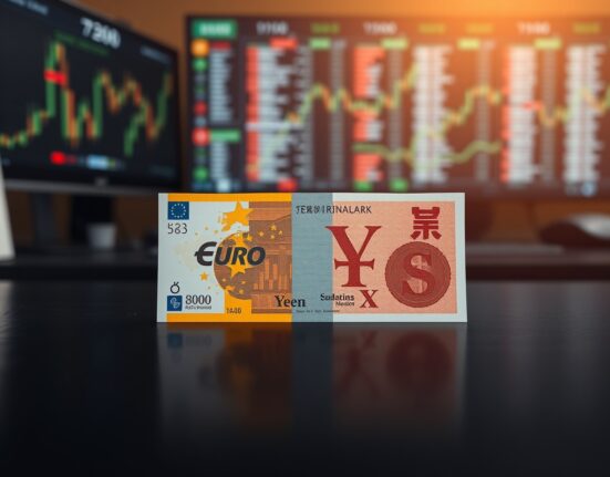 Euro and Japanese Yen banknotes on a desk representing forex market focus on ECB and inflation data.
