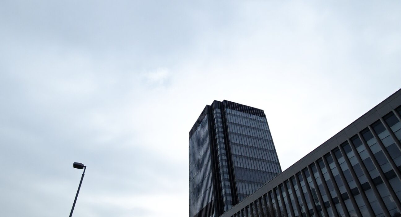 European Central Bank headquarters in Frankfurt with overcast sky