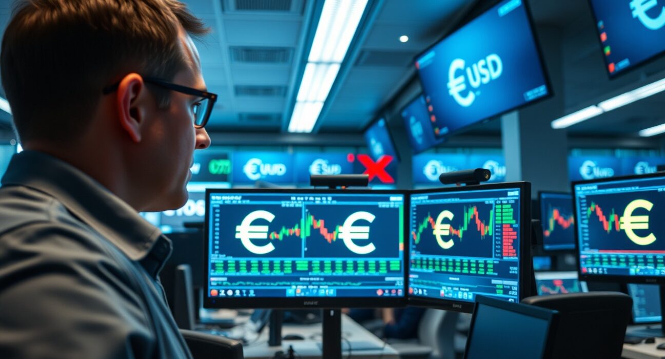 Forex trading desk showing EUR/USD charts with a trader analyzing data.