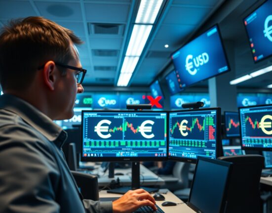 Forex trading desk showing EUR/USD charts with a trader analyzing data.