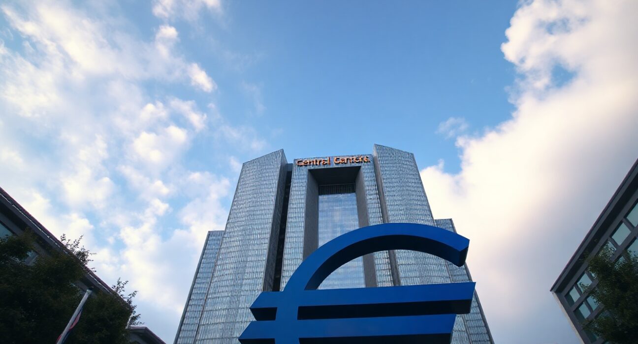 European Central Bank headquarters in Frankfurt on a partly cloudy day, representing eurozone monetary policy