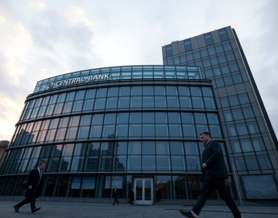 European Central Bank headquarters in Frankfurt with overcast sky and soft light