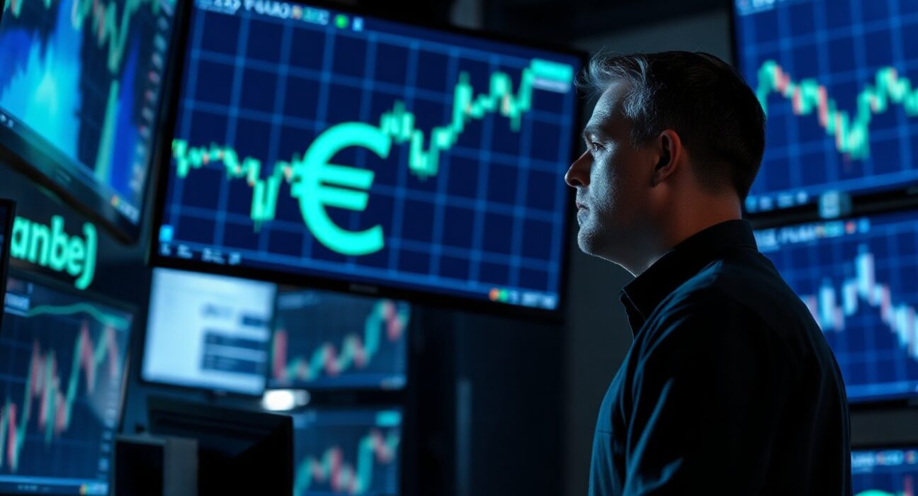 Trader monitoring euro exchange rate charts on multiple screens in a dimly lit trading floor.