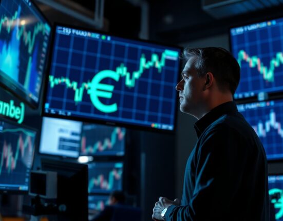 Trader monitoring euro exchange rate charts on multiple screens in a dimly lit trading floor.