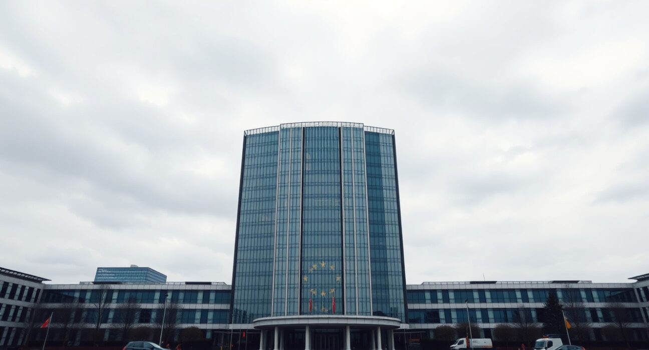ECB headquarters in Frankfurt under overcast sky, representing eurozone monetary policy and euro downside risk.