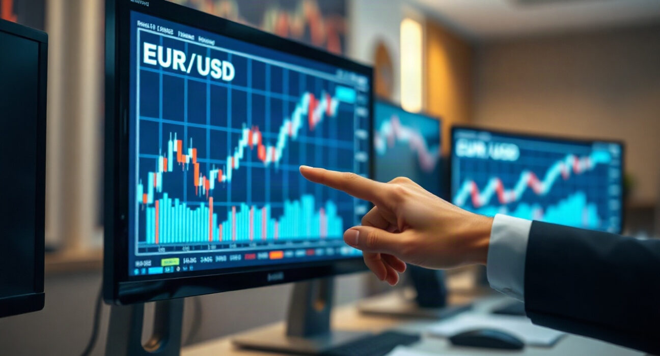 Euro and US dollar exchange rate chart displayed on a monitor in a professional trading environment.