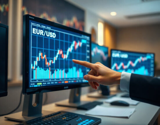 Euro and US dollar exchange rate chart displayed on a monitor in a professional trading environment.