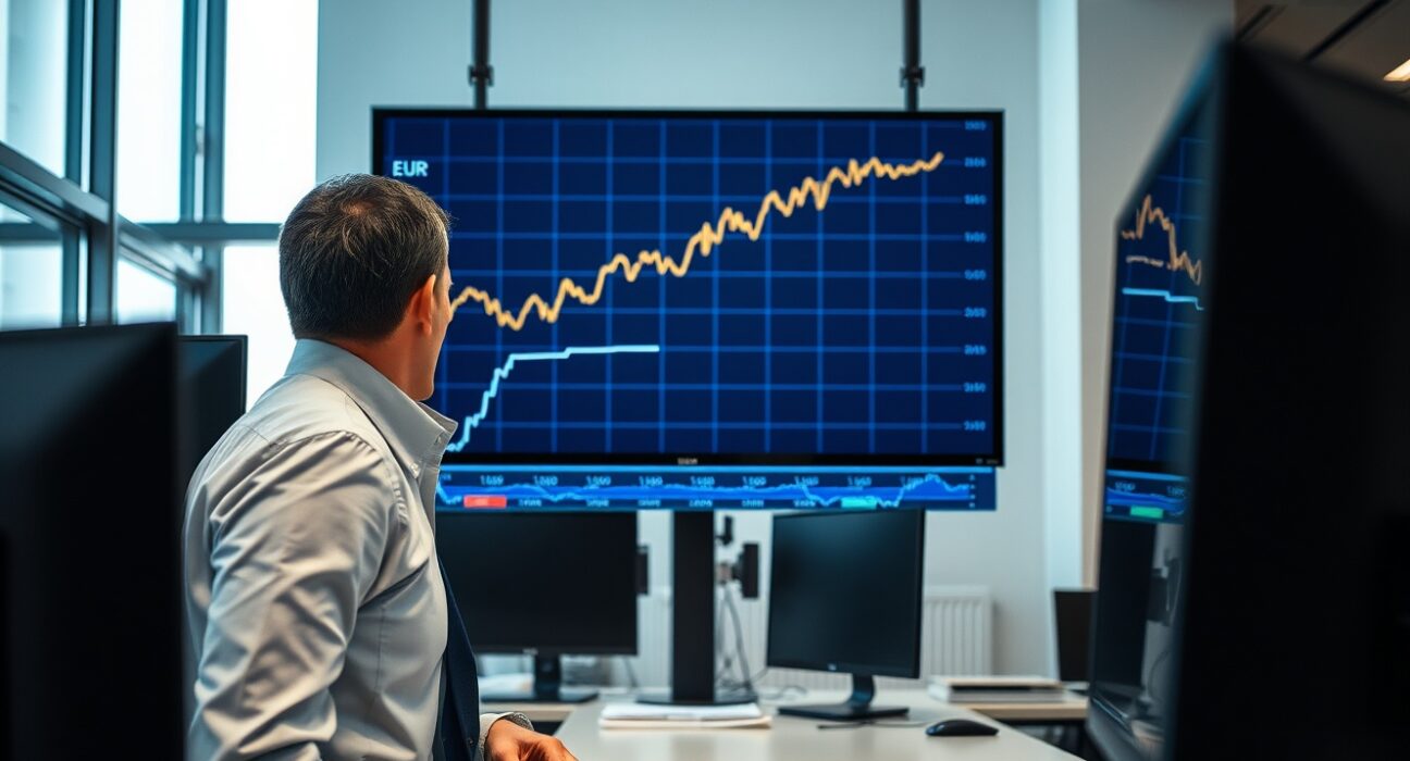 Financial analyst examining EUR/USD chart in a modern trading office