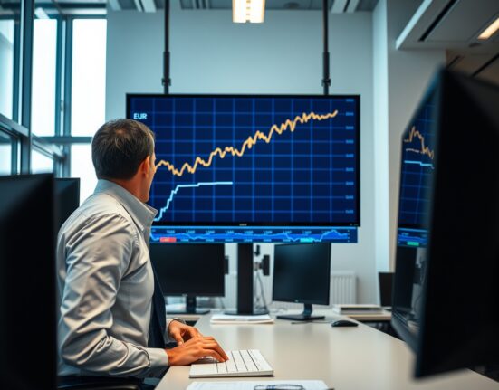 Financial analyst examining EUR/USD chart in a modern trading office
