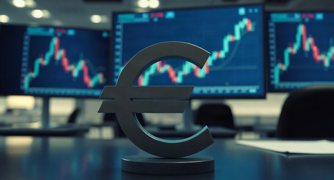 Euro symbol on a trading desk with charts in background