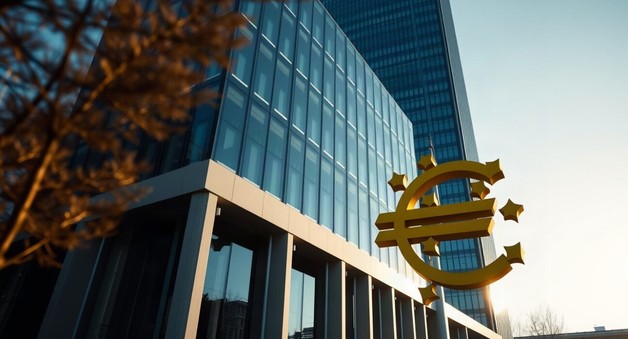 European Central Bank building in Frankfurt with euro symbol, representing ECB policy and euro strength