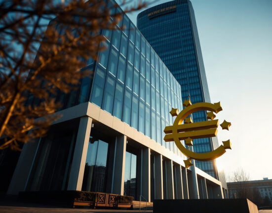 European Central Bank building in Frankfurt with euro symbol, representing ECB policy and euro strength