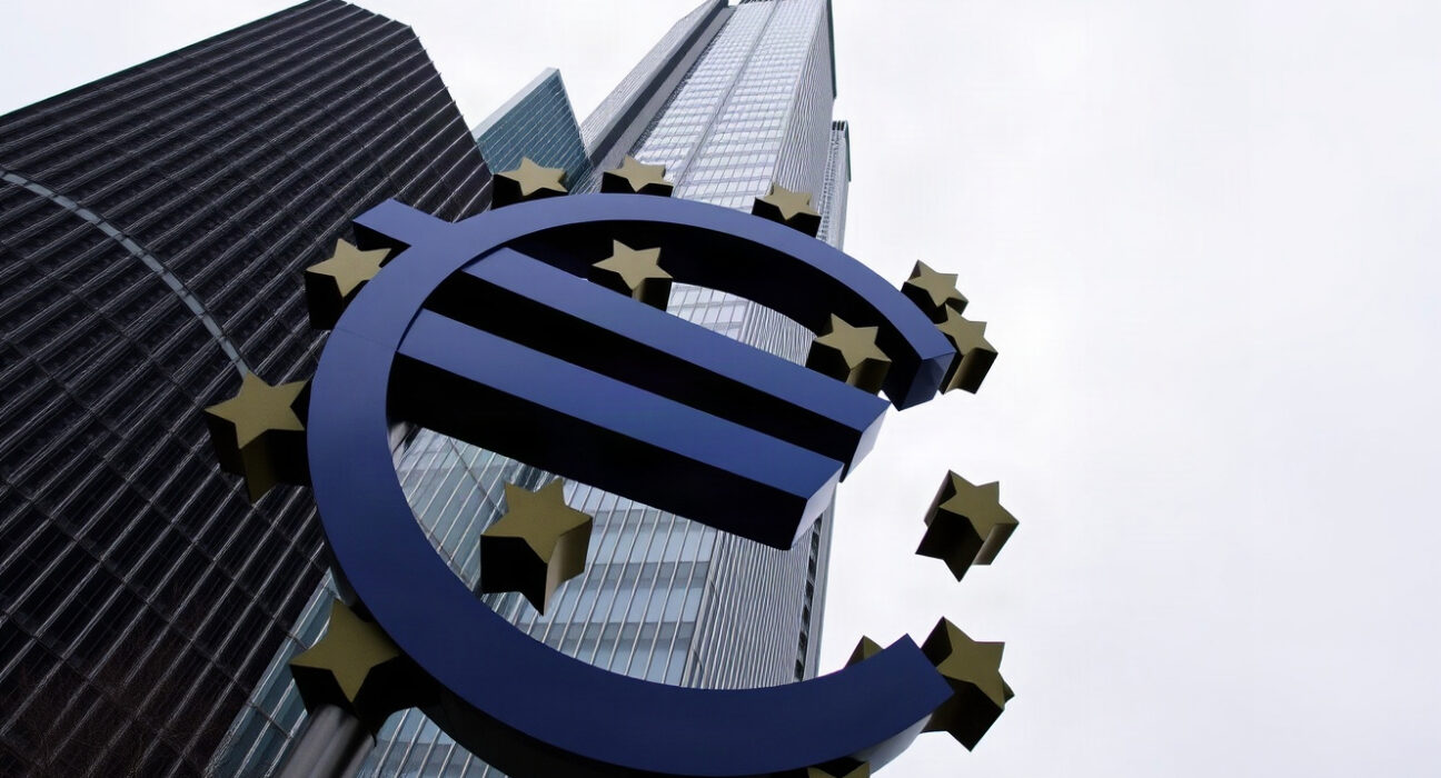 European Central Bank headquarters with Euro sculpture in Frankfurt