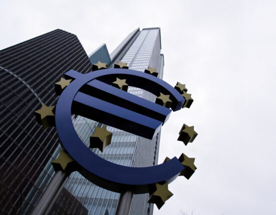 European Central Bank headquarters with Euro sculpture in Frankfurt