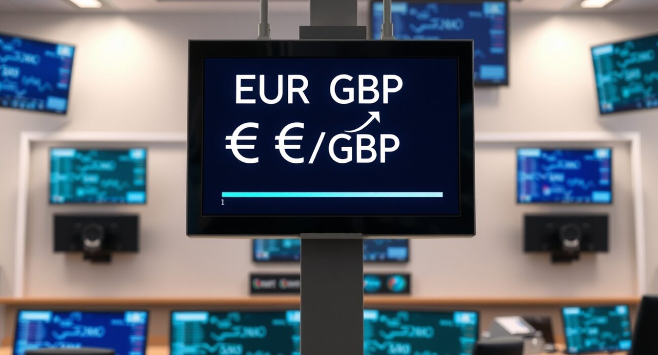 Digital trading screen showing EUR/GBP exchange rate with euro trending upward