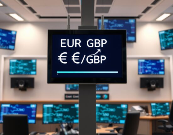 Digital trading screen showing EUR/GBP exchange rate with euro trending upward