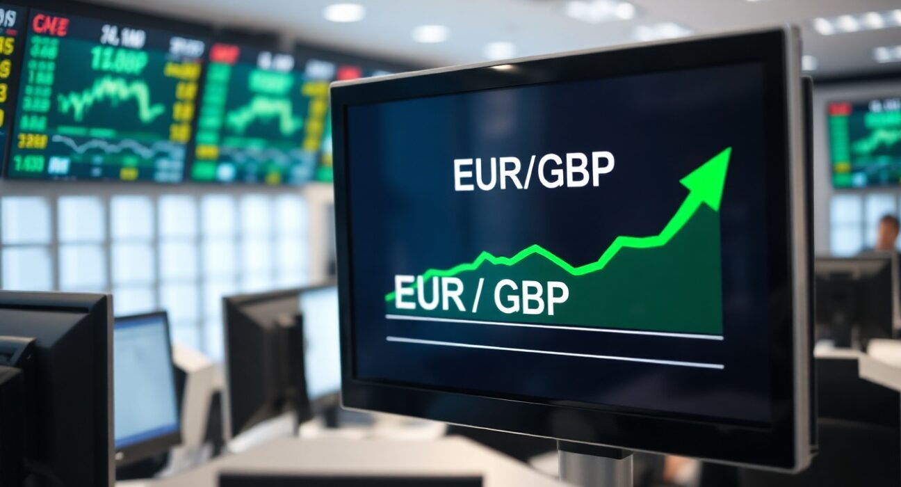 EUR/GBP currency pair on a digital trading screen showing a slight uptick near weekly lows