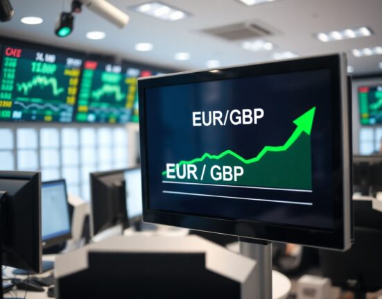 EUR/GBP currency pair on a digital trading screen showing a slight uptick near weekly lows