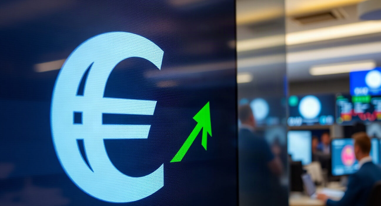 Euro and pound symbols on a financial trading screen with an upward arrow, representing currency market movement.