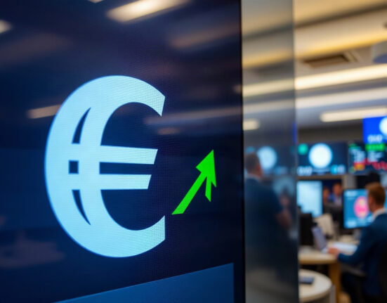 Euro and pound symbols on a financial trading screen with an upward arrow, representing currency market movement.