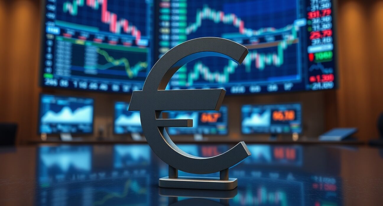 Euro currency symbol on a trading floor with financial screens in the background