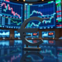 Euro currency symbol on a trading floor with financial screens in the background