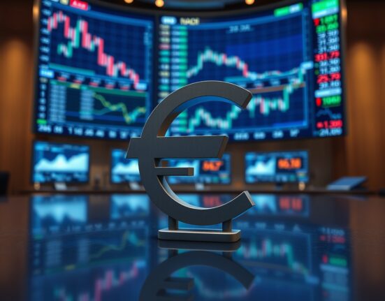 Euro currency symbol on a trading floor with financial screens in the background