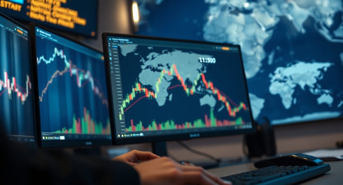 EUR/USD forex chart showing price above 1.1500 on a trading monitor in a professional financial trading desk environment.
