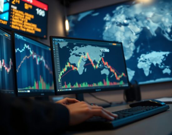 EUR/USD forex chart showing price above 1.1500 on a trading monitor in a professional financial trading desk environment.