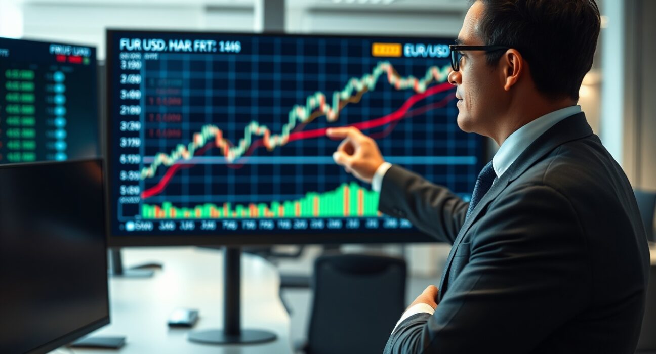 Financial analyst pointing at EUR/USD forex chart with upward trend in modern newsroom