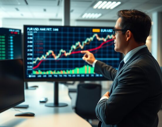 Financial analyst pointing at EUR/USD forex chart with upward trend in modern newsroom