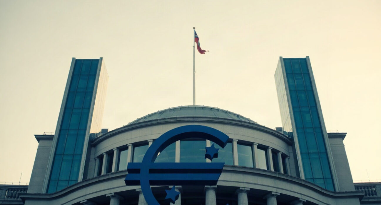 Euro symbol near European Central Bank building in Frankfurt, symbolizing currency markets and inflation data watch.