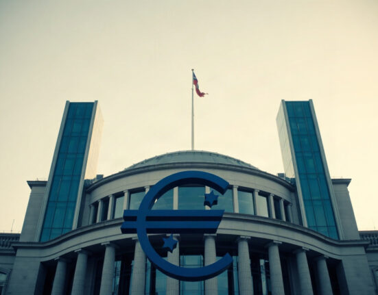 Euro symbol near European Central Bank building in Frankfurt, symbolizing currency markets and inflation data watch.