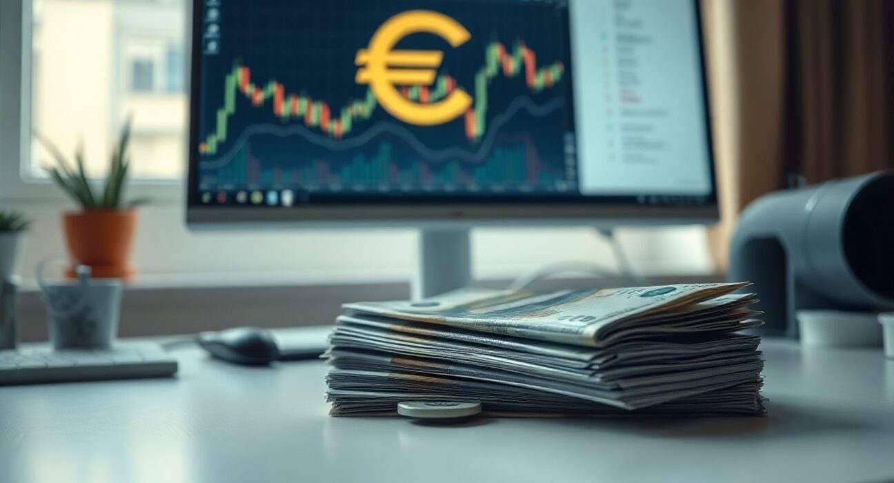 Euro banknotes and US dollars on a desk with a financial chart monitor in the background, representing forex market activity ahead of ECB decision.