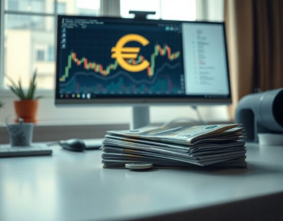 Euro banknotes and US dollars on a desk with a financial chart monitor in the background, representing forex market activity ahead of ECB decision.