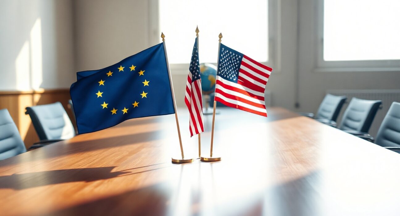 EU and US flags in a diplomatic setting symbolizing geopolitical progress