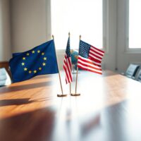 EU and US flags in a diplomatic setting symbolizing geopolitical progress