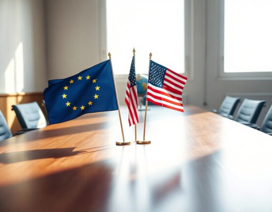 EU and US flags in a diplomatic setting symbolizing geopolitical progress
