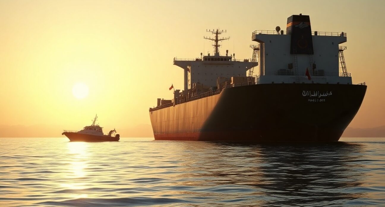 Oil tanker sailing through the Strait of Hormuz at sunrise after US-Iran deal