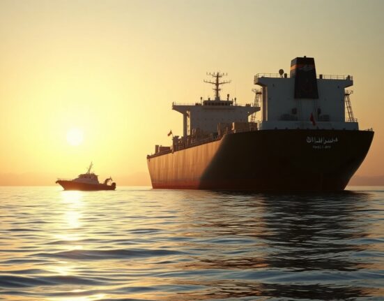 Oil tanker sailing through the Strait of Hormuz at sunrise after US-Iran deal