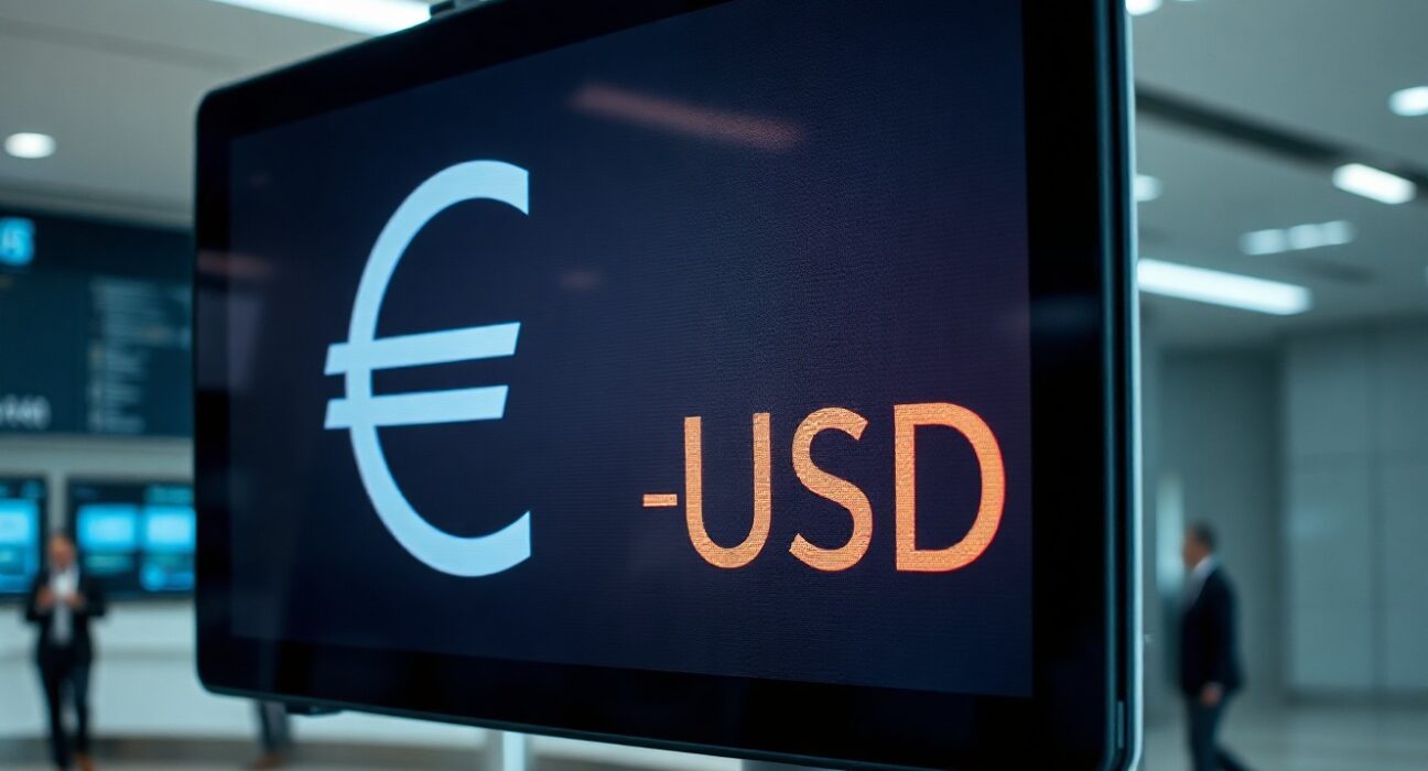 EUR/USD currency exchange rate screen on a trading floor