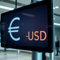 EUR/USD currency exchange rate screen on a trading floor