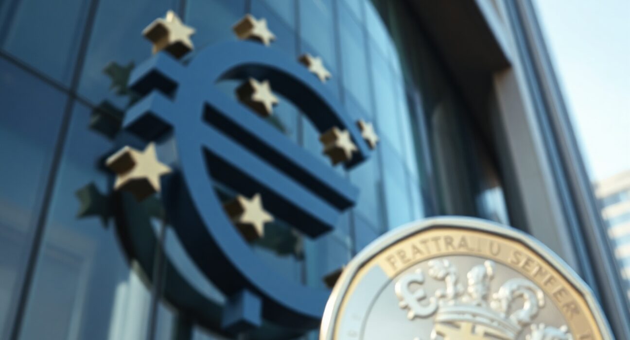 European Central Bank building in Frankfurt with Euro symbol and British Pound notes in foreground